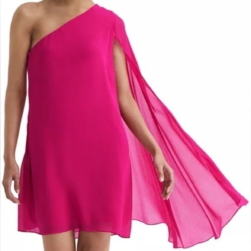 REISS Hot Pink Fleur Sheer Cape Sleeve One Shoulder Dress Sz. 4